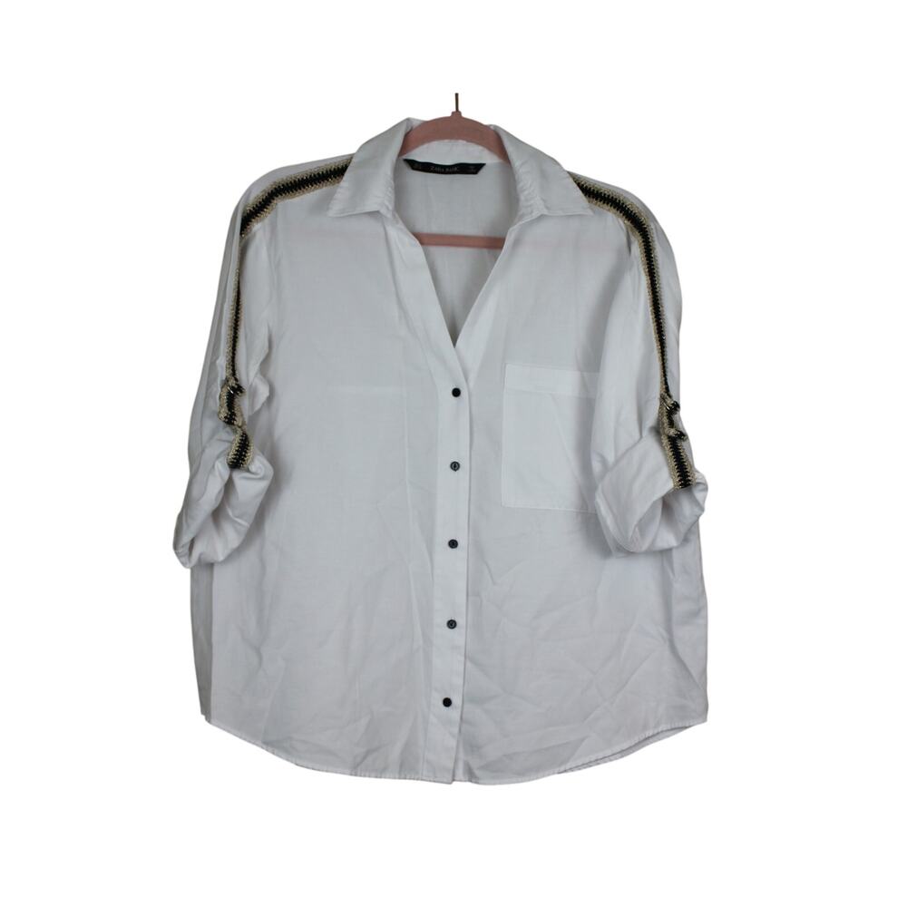 Zara White Roll Tab Sleeve Button Up Vneck Black & Gold Stripe Detail Top Size S